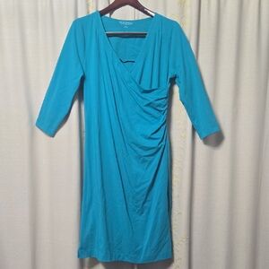 Soft Surroundings Blue Turquoise Ruched Sheath Faux Wrap Dress with V Neck